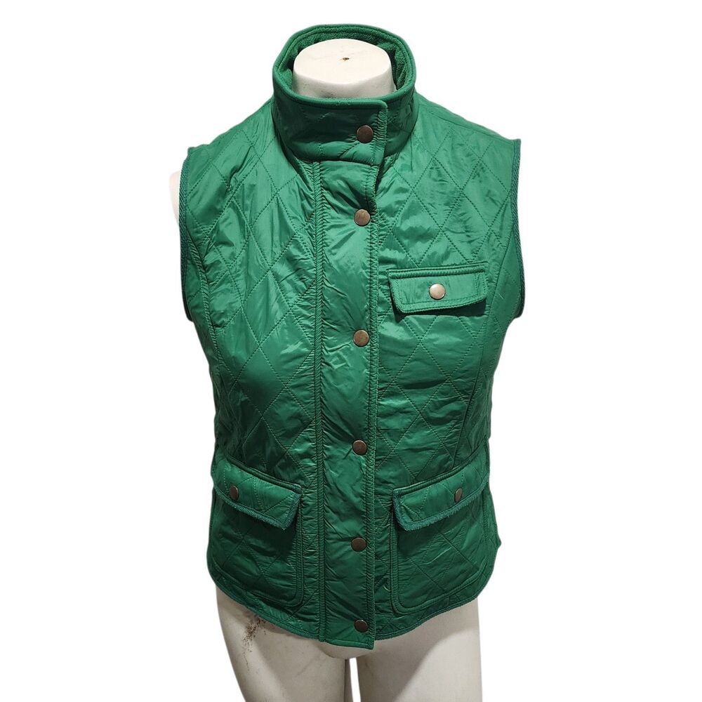 Talbots Womens Small Green Quilted Vest Fleece Lined Snap Front